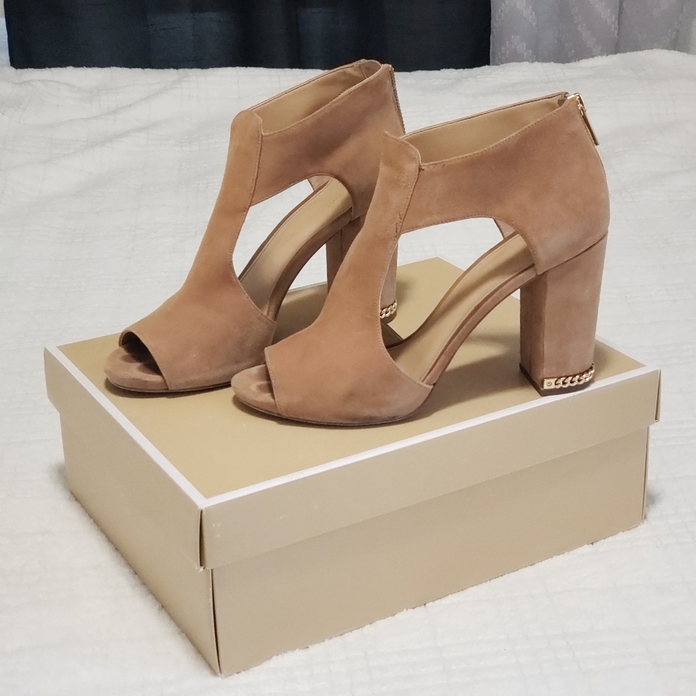 Michael Kors Sabrina Suede Open Toe Pump Tan